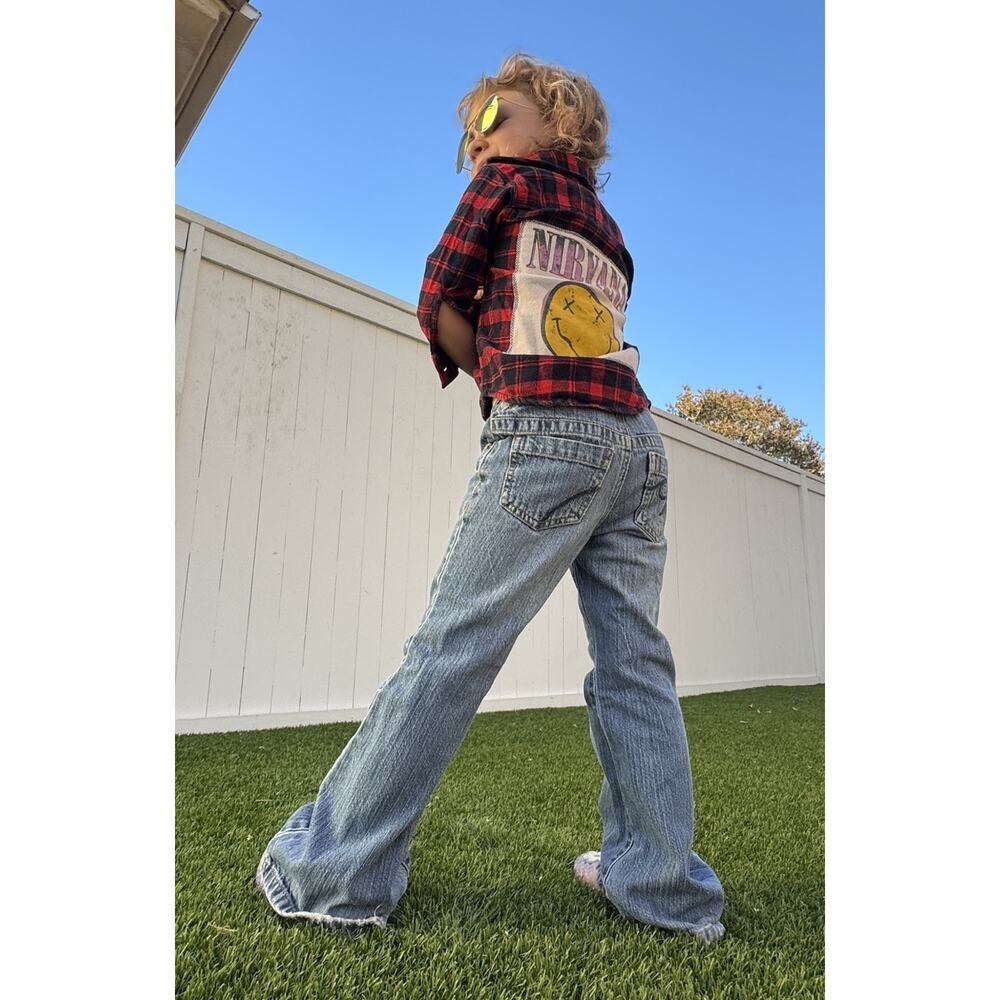 NIRVANA 90s Metal Rock Upcycled Retro Vintage Grunge Plaid Flannel Kids Size 2T